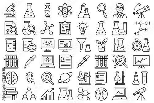 Science & Research Line Icons Pack – 60 Unique Black & White Editable Outline Symbols