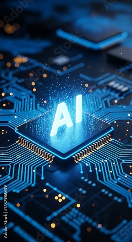 Glowing ai chip on a futuristic circuit board, symbolizing artificial intelligence and advanced technology