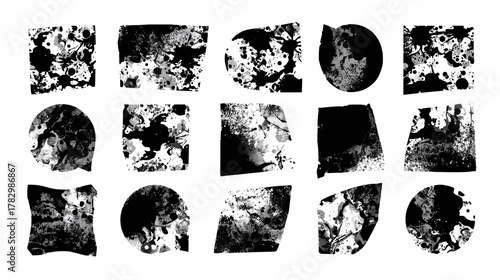 Abstract ink blot shapes in various forms, offering a textured and artistic design element for graphic projects and creative compositions.