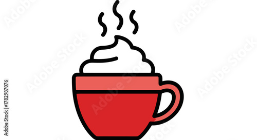 Vector icon of a steaming red mug filled with a hot beverage like coffee or cocoa, topped with a generous swirl of whipped cream, isolated on a white background. A simple flat design illustration