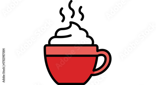 Cozy illustration of a steaming hot beverage in a vibrant red mug, topped with creamy white whipped cream, perfect for a warm and comforting moment