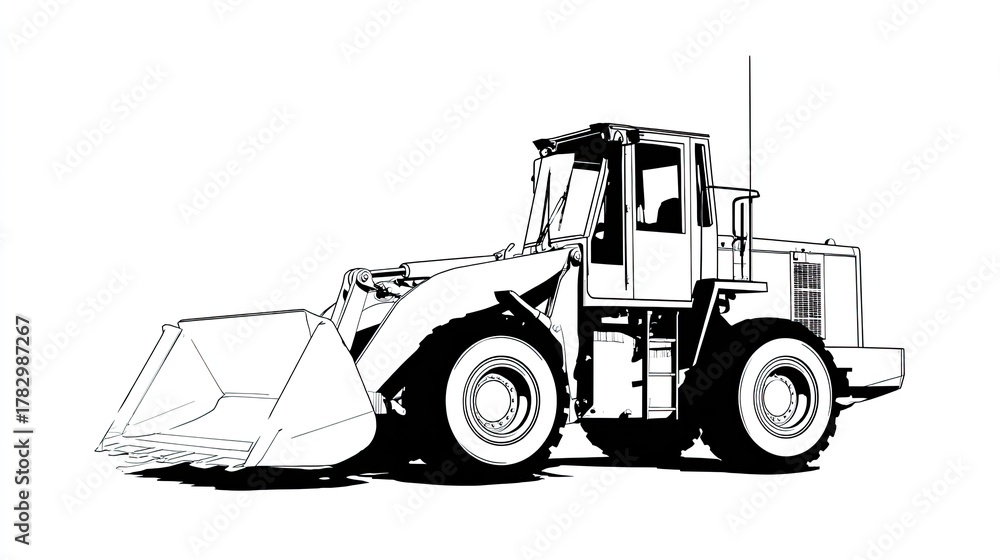 Naklejka premium A detailed line drawing of a front-end loader with a white background.