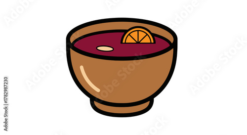 Festive holiday icon of a warm bowl of mulled wine, a cozy traditional winter spiced punch with an orange slice garnish for the cold season