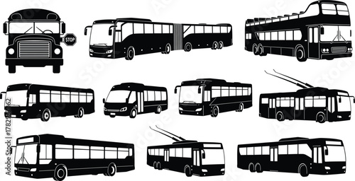 Bus silhouette set, public transport vector, city bus icons, trolleybus illustration, school bus shape, transit vehicle pack, black graphic