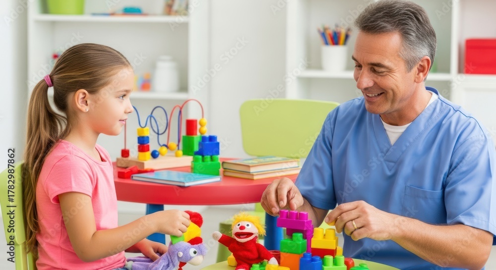 Fototapeta premium A smiling man and a young girl playing with colorful building blocks in a brightly lit room with green and red chairs.