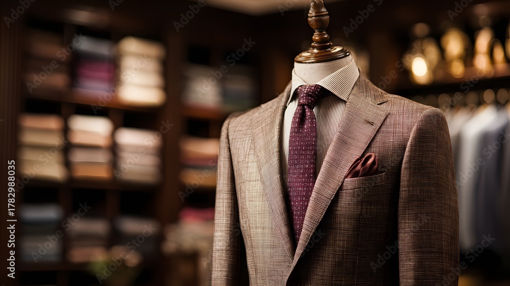 © sungedi - Tailored men's suit jacket displayed on a wooden mannequin in a fine clothing establishment