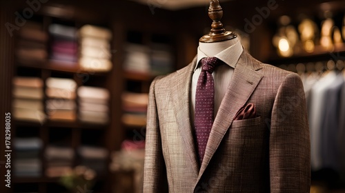 Tailored men's suit jacket displayed on a wooden mannequin in a fine clothing establishment