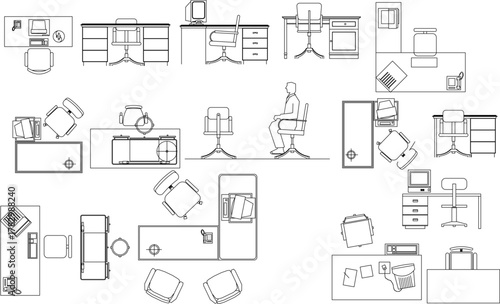 Comprehensive line art vector set of office furniture and equipment: desks, chairs, computers, and files in plan, elevation, and side views.