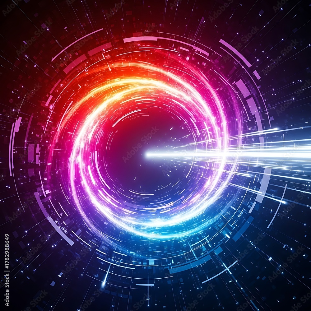 Obraz premium Abstract swirling vortex of vibrant neon light trails and digital data streams against a dark, starfilled cosmic background