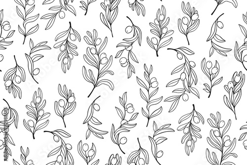 Olive branches with leaves olives seamless pattern. Hand drawn botanical elegant boundless background. Vector illustration endless design perfect for paper print, textile, wrapper backdrop template