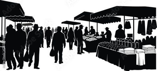 Black and white vector illustration of busy street market scene with people walking, shopping at stalls, selling fruits, vegetables, and clothes, urban lifestyle concept