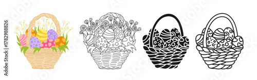 Happy easter eggs in basket symbol cartoon set. Easter childish illustration basket full of decorated eggs and spring flowers linear doodle icon. Vector isolated on white background