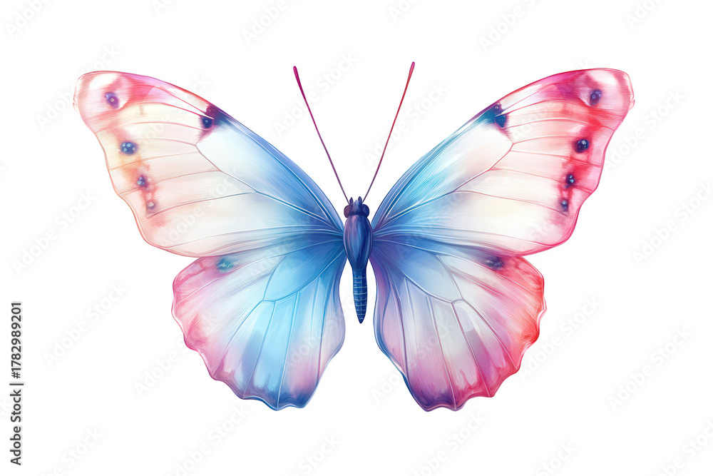 Obraz premium A delicate butterfly isolated on transparent background with pink and blue wings, showcasing a soft, dreamy aesthetic and symmetrical composition, evoking a sense of tranquility