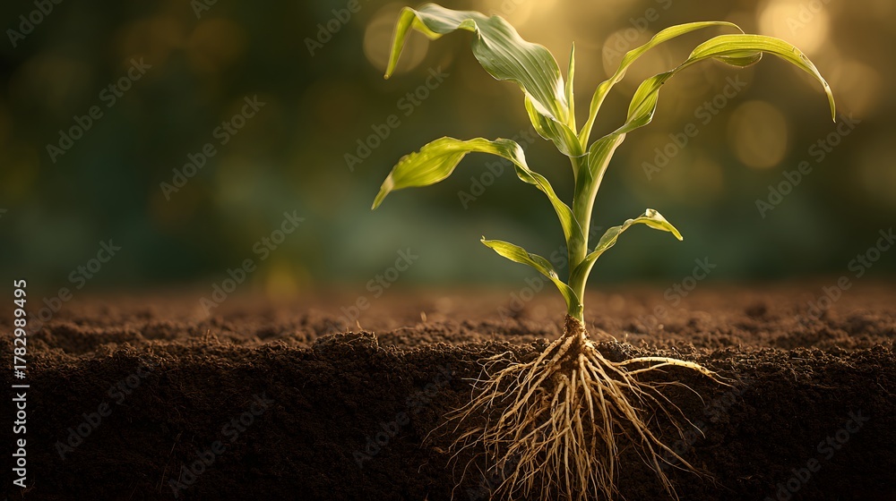 Fototapeta premium Young seedling displaying established root system emerging from dark, fertile soil under warm light