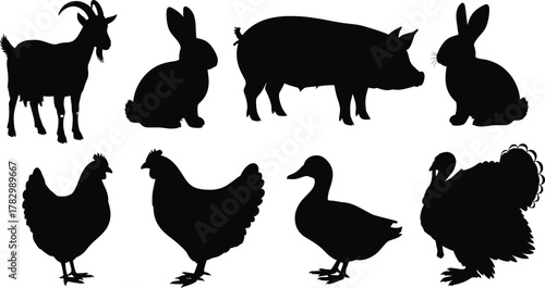 Black silhouette illustration of farm animals including goat, pig, rabbit, chicken, duck, and turkey, vector artwork for agriculture, livestock, and farming concept design