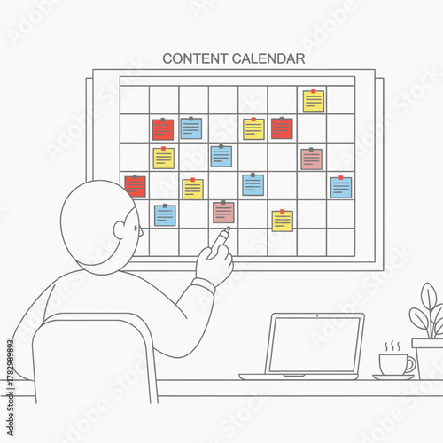 Content calendar planning and scheduling for marketing strategy.