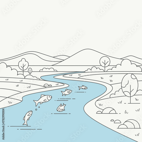 Fish jumping in the river, nature landscape illustration.