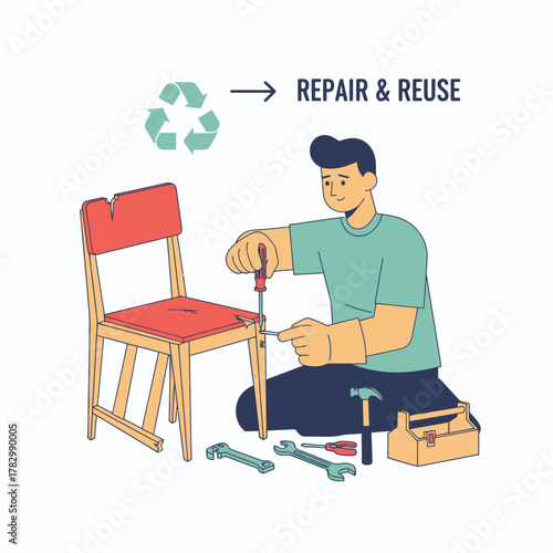 Man repairing chair, focused on repair and reuse concept.