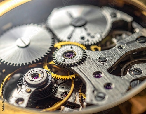 Watch Movement Close Up Featuring Silver and Gold Gears and Purple Jewels
