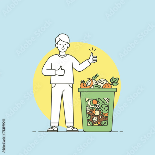 Man thumbs up next to a compost bin with food waste.