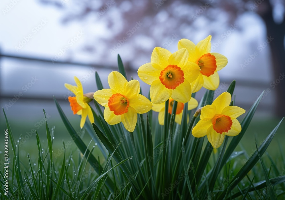 Fototapeta premium Vibrant yellow daffodil flowers covered in morning dew drops in a foggy garden scene