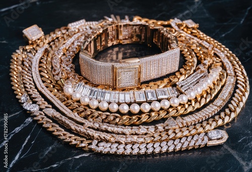A luxurious collection of gold and diamond jewelry including chains bracelets and a watch on a black marble surface.
