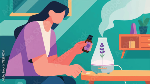 Illustration Vector Person Setting Up A Home Aromatherapy Diffuser With A Bottle Of Essential Oil (Lavender), With Visible Mist Vector Design Template