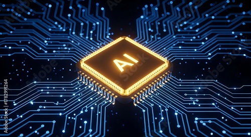 Closeup of a glowing yellow ai chip at the center of a blue circuit board, symbolizing artificial intelligence and technology