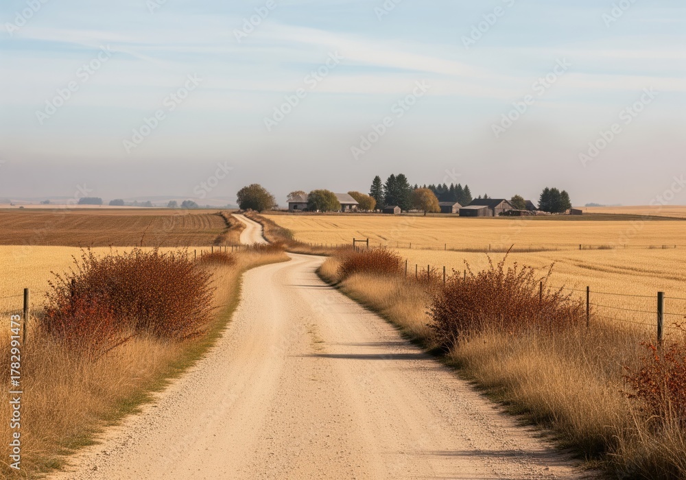 Obraz premium Dusty dirt road winding through golden agricultural fields toward a distant farmstead.