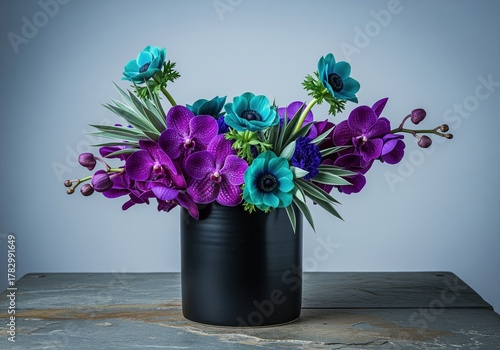 Dramatic modern floral composition of purple vanda orchids and teal blue anemones