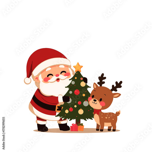 The happiest duo! Cartoon Santa Claus and his adorable reindeer friend are sharing a moment of Christmas cheer while admiring a perfectly decorated little holiday tree