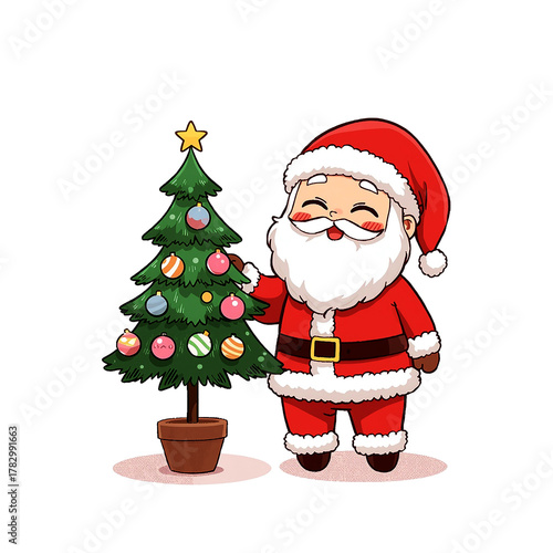 The happiest duo! Cartoon Santa Claus and his adorable reindeer friend are sharing a moment of Christmas cheer while admiring a perfectly decorated little holiday tree