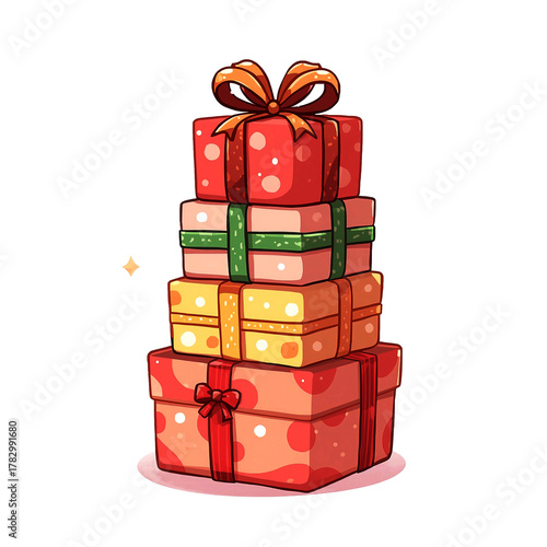 A colorful, towering stack of Christmas gifts, wrapped in vibrant reds, greens, and gold with cheerful polka dots, promises a pile of holiday excitement