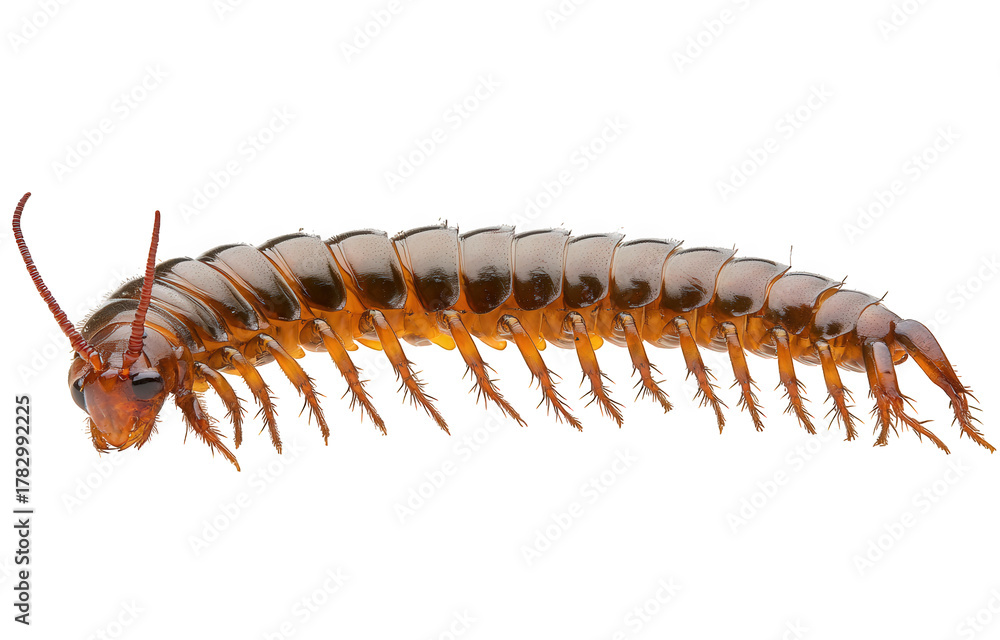Fototapeta premium Centipede isolated on transparent background, showcasing its elongated body, numerous legs, and antennae, crawling and displaying its unique anatomical features