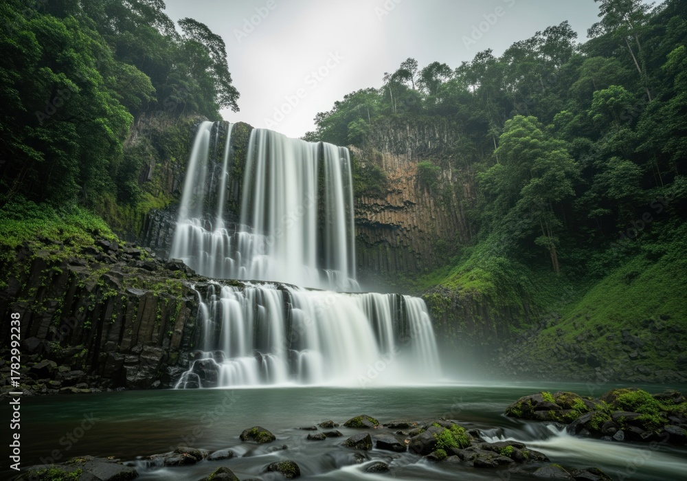 Fototapeta premium Powerful tiered waterfall flowing over dark basalt columns in a dense tropical forest landscape.