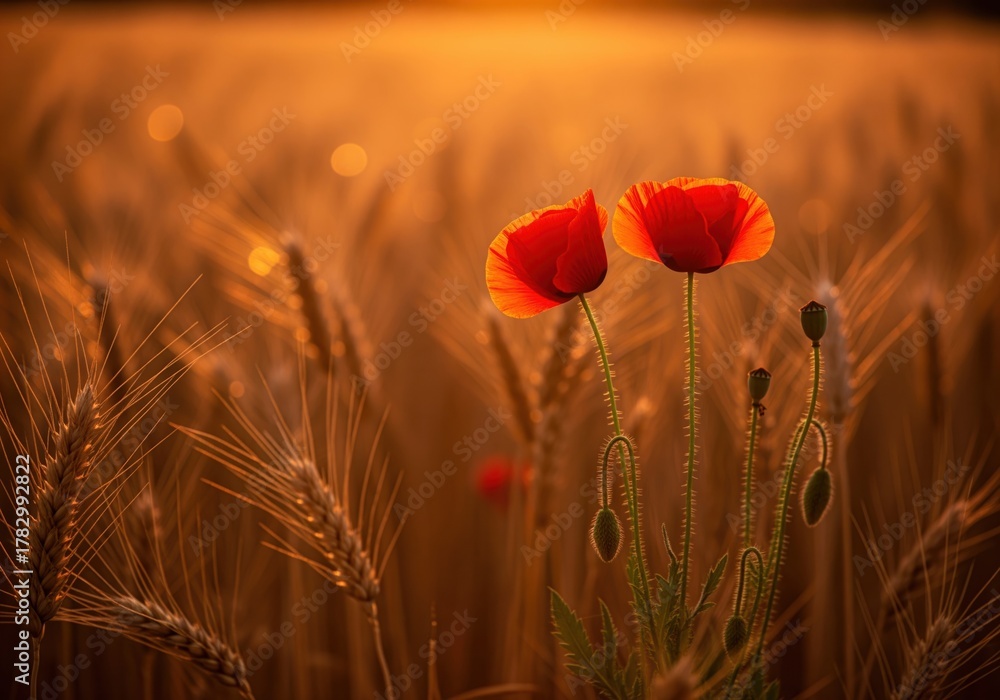 Obraz premium Two vibrant red poppy flowers glowing in a golden wheat field during sunset