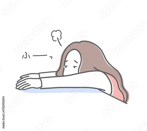 机で手を伸ばしてため息をつく女性のイラスト素材