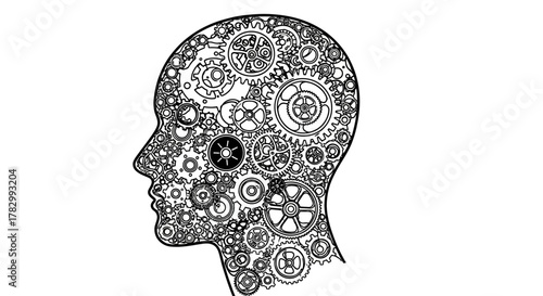 Human head composed of gears and mechanical parts