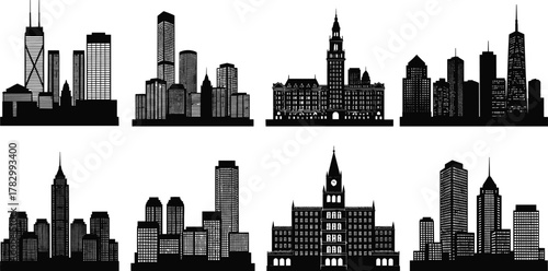 City skyline silhouettes, urban architecture, black vector buildings, famous skylines, metropolitan landscape, skyscraper icons, cityscape clipart, commercial design asset