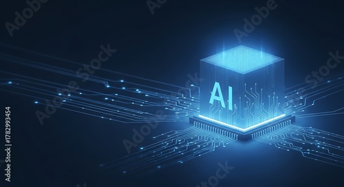Futuristic ai chip glowing with blue light, symbolizing artificial intelligence and advanced technology on a dark background