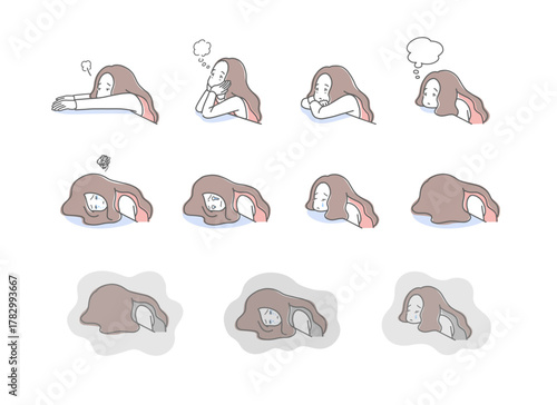 机に顔をつけて落ち込んでいる女性のイラストセット