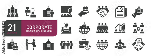 Set of glyph solid icons related to corporate. Glyph solid icons collection. Vector illustration