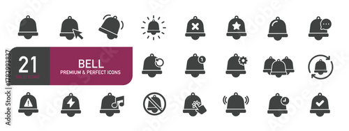 Set of glyph solid icons related to bell and notification. Glyph solid icons collection. Vector illustration