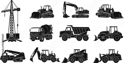 Construction vehicle silhouettes, heavy equipment vector, bulldozer excavator loader mixer, black machinery icons, industrial transport pack, building site illustration