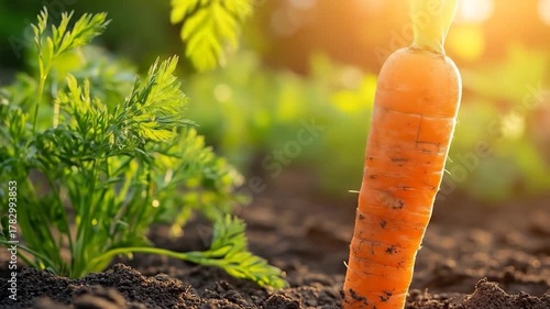 Single orange carrot stands upright in rich soil, sunlit