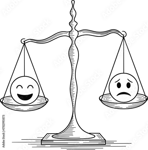 Cartoon balance scale with happy and sad emojis, emotional comparison concept, mood weight illustration, expressive metaphor art, white background