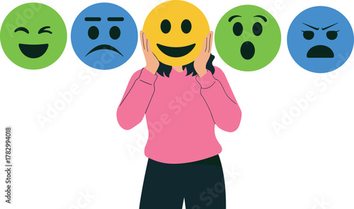 Emotional masking concept, person holding smiley face, emoticon expressions, mental health awareness, social behavior, feelings, identity, emotion choice, psychology