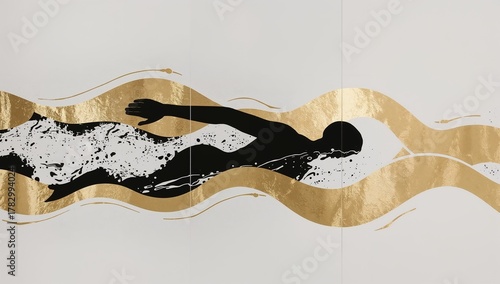 Abstract swimmer in mid-stroke, arms arcing through implied water shapes. Fluid overlapping wave forms extend across panels. Monochrome silhouette body with brushed gold highlights water waves.