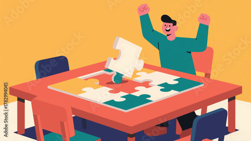 Illustration Vector Person Successfully Finishing A Piece Puzzle On A Large Table, With The Final Piece Being Placed Vector Design Template