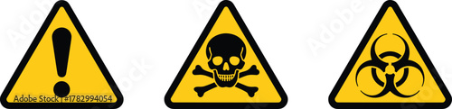 Hazard warning signs, toxic and biohazard symbols, yellow triangle alerts, safety signage illustration, danger icons set, isolated white background